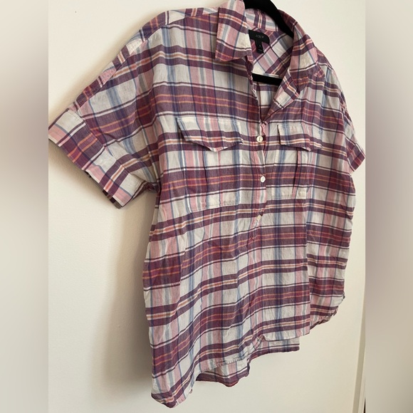J. Crew Plaid Pop Over Shirt, Pink/Purple/White, Size 6 - Picture 2 of 7